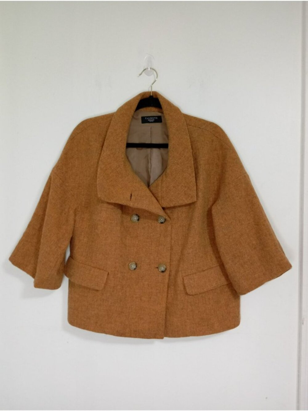 Talbots Petites Double-Breasted 100% Wool Cropped Jacket In Camel Brown. Womens